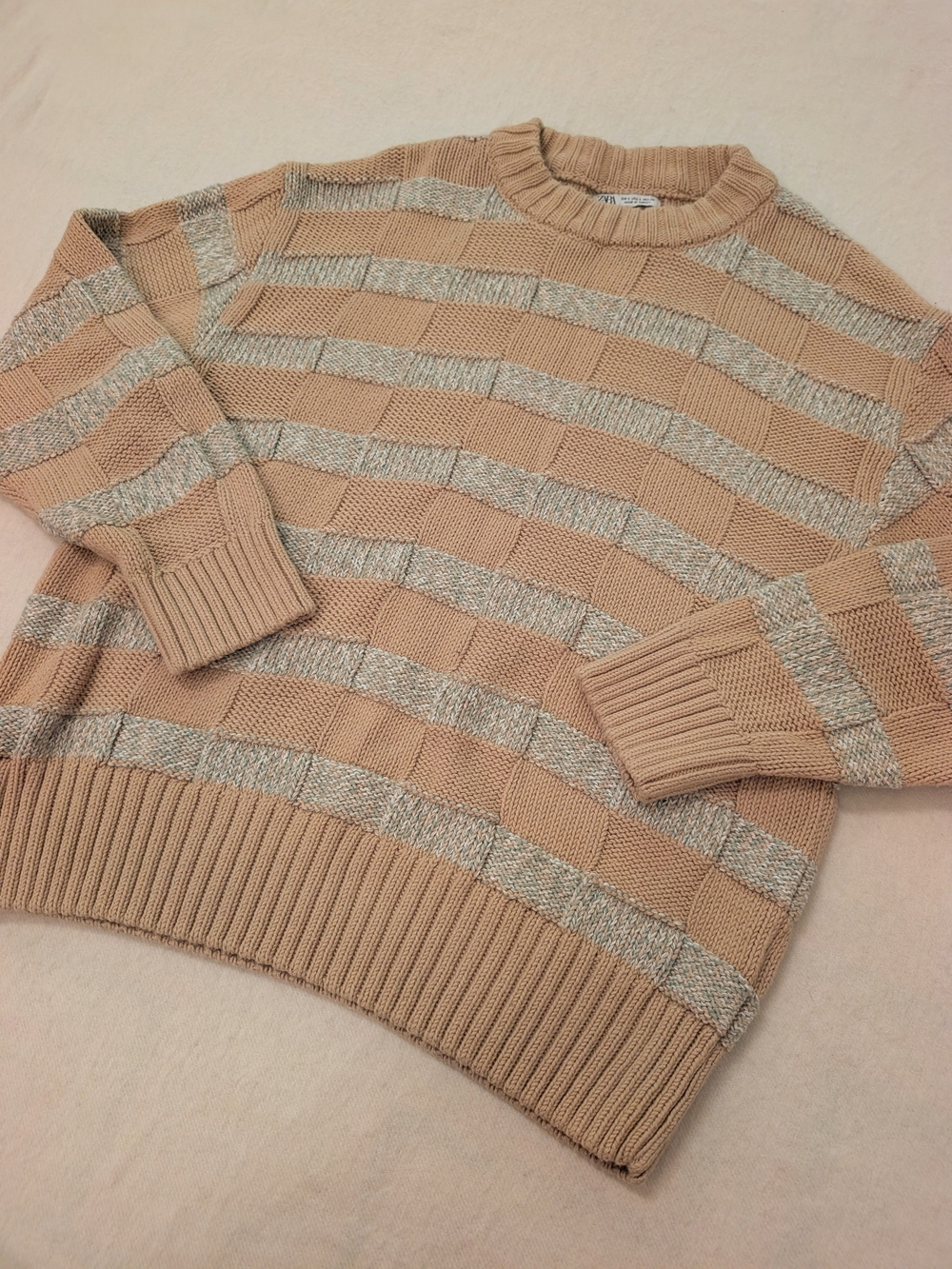 Zara Beige and Gray Striped Textured Knit Crewneck Sweater